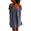 imagechouyatou Womens Summer Square Neck Tunic Dress Short Puff Sleeve Shirred ALine Mini Babydoll DressDark Blue