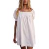 imagechouyatou Womens Summer Square Neck Tunic Dress Short Puff Sleeve Shirred ALine Mini Babydoll DressWhite