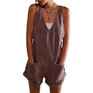 imagechouyatou Womens Casual Adjustable Strap Wide Leg Bib Denim Overalls Baggy Jean Romper Shorts with PocketsBrown