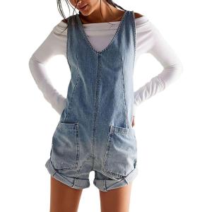 imagechouyatou Womens Casual Adjustable Strap Wide Leg Bib Denim Overalls Baggy Jean Romper Shorts with PocketsLight Blue