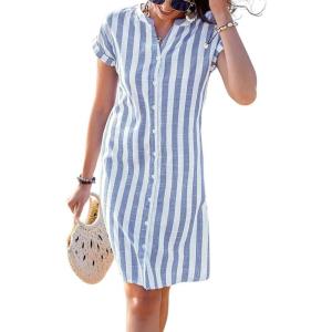 imagechouyatou Womens Casual Short Sleeve Striped Shirt Dress Notched VNeck Midi Long Beach DressBlue