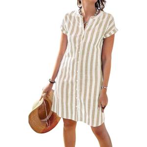 imagechouyatou Womens Casual Short Sleeve Striped Shirt Dress Notched VNeck Midi Long Beach DressKhaki