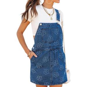 imagechouyatou Womens Cute Suspender Strap Denim Overall Mini Dress Boho Floral Pattern Short Jean DressBlue