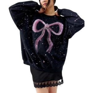 imagechouyatou Womens Elegant Polka Dot Sweatshirt Y2k Bow Printed Loose Fit Oversized Pullover TopsBlack