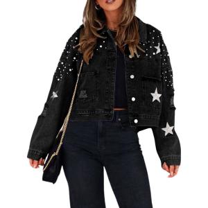 imagechouyatou Womens Fall Distressed Oversized Denim Jacket Embroidered Pearls Star Short Jean JacketBlack
