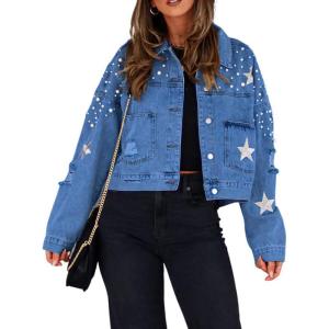 imagechouyatou Womens Fall Distressed Oversized Denim Jacket Embroidered Pearls Star Short Jean JacketDenim Blue