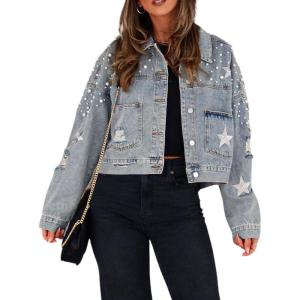 imagechouyatou Womens Fall Distressed Oversized Denim Jacket Embroidered Pearls Star Short Jean JacketLight Blue