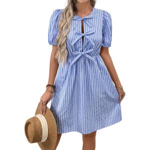 imagechouyatou Womens Summer Puff Sleeve Striped Mini Dress Casual Tie Knot Babydoll Tunic Swing Short DressBlue