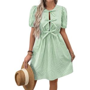 imagechouyatou Womens Summer Puff Sleeve Striped Mini Dress Casual Tie Knot Babydoll Tunic Swing Short DressGreen