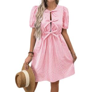 imagechouyatou Womens Summer Puff Sleeve Striped Mini Dress Casual Tie Knot Babydoll Tunic Swing Short DressPink