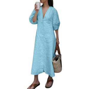 imagechouyatou Womens Summer Short Puff Sleeve Button Down Dress Cotton Linen Casual Midi Long ALine DressBlue