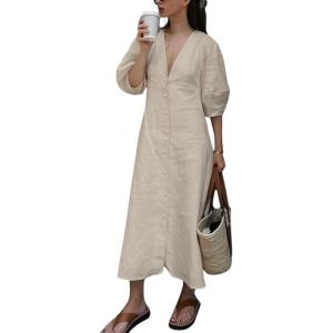 imagechouyatou Womens Summer Short Puff Sleeve Button Down Dress Cotton Linen Casual Midi Long ALine DressKhaki