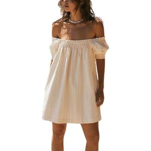 imagechouyatou Womens Summer Square Neck Tunic Dress Short Puff Sleeve Shirred ALine Mini Babydoll DressApricot
