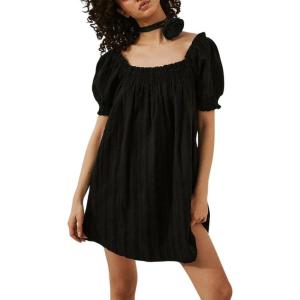 imagechouyatou Womens Summer Square Neck Tunic Dress Short Puff Sleeve Shirred ALine Mini Babydoll DressBlack