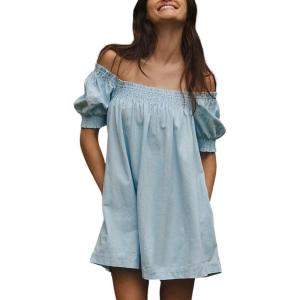 imagechouyatou Womens Summer Square Neck Tunic Dress Short Puff Sleeve Shirred ALine Mini Babydoll DressBlue