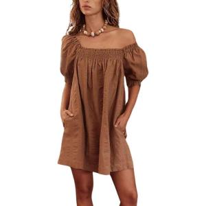 imagechouyatou Womens Summer Square Neck Tunic Dress Short Puff Sleeve Shirred ALine Mini Babydoll DressBrown
