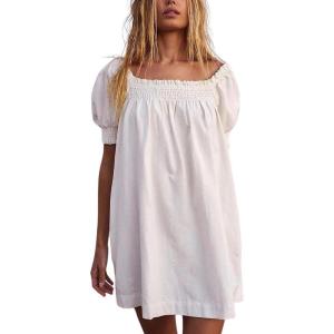 imagechouyatou Womens Summer Square Neck Tunic Dress Short Puff Sleeve Shirred ALine Mini Babydoll DressWhite