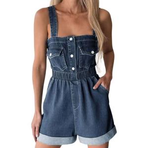 imagechouyatou Womens Suspender Strap Wide Leg Denim Overalls Cute Jean Romper Utility Cargo Overall ShortsDark Blue