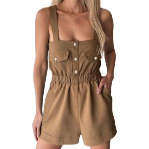 imagechouyatou Womens Suspender Strap Wide Leg Denim Overalls Cute Jean Romper Utility Cargo Overall ShortsKhaki