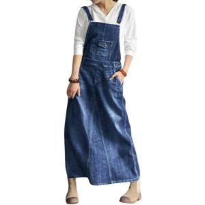 imagechouyatou Womens Vintage Adjustable Strap Denim Overall Dress Distressed ALine Pinafore Bib Jean DressDark Blue
