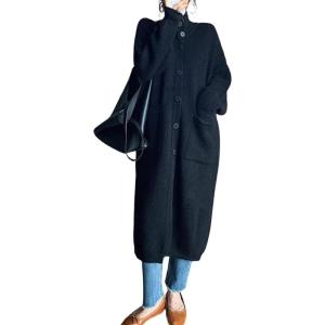 imagechouyatou Womens Warm Winter Stand Collar Cardigan Sweater Button Down Loose Oversized Mid Long Knit CoatBlack