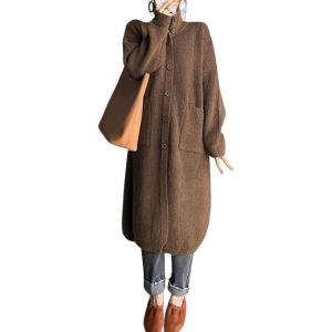imagechouyatou Womens Warm Winter Stand Collar Cardigan Sweater Button Down Loose Oversized Mid Long Knit CoatBrown
