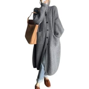 imagechouyatou Womens Warm Winter Stand Collar Cardigan Sweater Button Down Loose Oversized Mid Long Knit CoatGrey