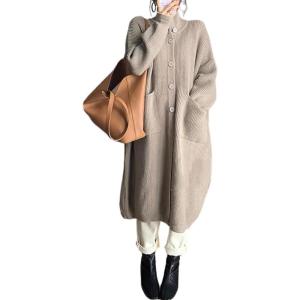 imagechouyatou Womens Warm Winter Stand Collar Cardigan Sweater Button Down Loose Oversized Mid Long Knit CoatKhaki