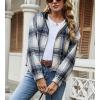 imagechouyatou Womens Casual Zip Up Cropped Plaid Flannel Jacket Coat Shacket with HoodBlue