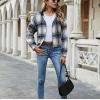 imagechouyatou Womens Casual Zip Up Cropped Plaid Flannel Jacket Coat Shacket with HoodBlue