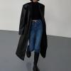 imagechouyatou Womens PU Leather Notch Lapel Button Down Trench Coat Long Faux Leather Blazer Jacket OvercoatBlack