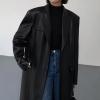 imagechouyatou Womens PU Leather Notch Lapel Button Down Trench Coat Long Faux Leather Blazer Jacket OvercoatBlack