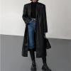 imagechouyatou Womens PU Leather Notch Lapel Button Down Trench Coat Long Faux Leather Blazer Jacket OvercoatBlack