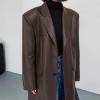 imagechouyatou Womens PU Leather Notch Lapel Button Down Trench Coat Long Faux Leather Blazer Jacket OvercoatBrown
