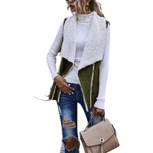 imagechouyatou Womens Casual Open Front Lapel Faux Suede Sleeveless Fleece Vest Jacket CoatArmy Green