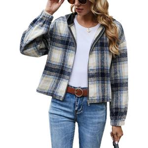 imagechouyatou Womens Casual Zip Up Cropped Plaid Flannel Jacket Coat Shacket with HoodBlue
