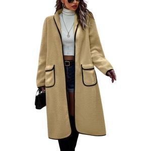 imagechouyatou Womens Fall Winter Open Front Fuzzy Sherpa Fleece Maxi Coat Duster Cardigan JacketKhaki