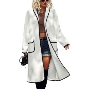 imagechouyatou Womens Fall Winter Open Front Fuzzy Sherpa Fleece Maxi Coat Duster Cardigan JacketWhite