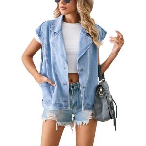 imagechouyatou Womens Notched Lapel Button Down Denim Vest Sleeveless Oversized Jean Jacket Coat with PocketsBlue