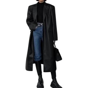 imagechouyatou Womens PU Leather Notch Lapel Button Down Trench Coat Long Faux Leather Blazer Jacket OvercoatBlack