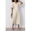 imagechouyatou Women Summer Puff Sleeve Button Down Shirt Dress Flowy Elegant Business Casual Midi Long DressBeige