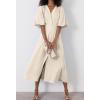 imagechouyatou Women Summer Puff Sleeve Button Down Shirt Dress Flowy Elegant Business Casual Midi Long DressBeige