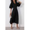 imagechouyatou Women Summer Puff Sleeve Button Down Shirt Dress Flowy Elegant Business Casual Midi Long DressBlack