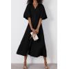 imagechouyatou Women Summer Puff Sleeve Button Down Shirt Dress Flowy Elegant Business Casual Midi Long DressBlack