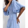 imagechouyatou Women Summer Puff Sleeve Button Down Shirt Dress Flowy Elegant Business Casual Midi Long DressBlue