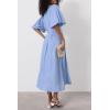 imagechouyatou Women Summer Puff Sleeve Button Down Shirt Dress Flowy Elegant Business Casual Midi Long DressBlue