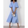imagechouyatou Women Summer Puff Sleeve Button Down Shirt Dress Flowy Elegant Business Casual Midi Long DressBlue
