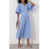 imagechouyatou Women Summer Puff Sleeve Button Down Shirt Dress Flowy Elegant Business Casual Midi Long DressBlue