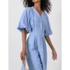 imagechouyatou Women Summer Puff Sleeve Button Down Shirt Dress Flowy Elegant Business Casual Midi Long DressBlue