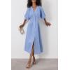 imagechouyatou Women Summer Puff Sleeve Button Down Shirt Dress Flowy Elegant Business Casual Midi Long DressBlue